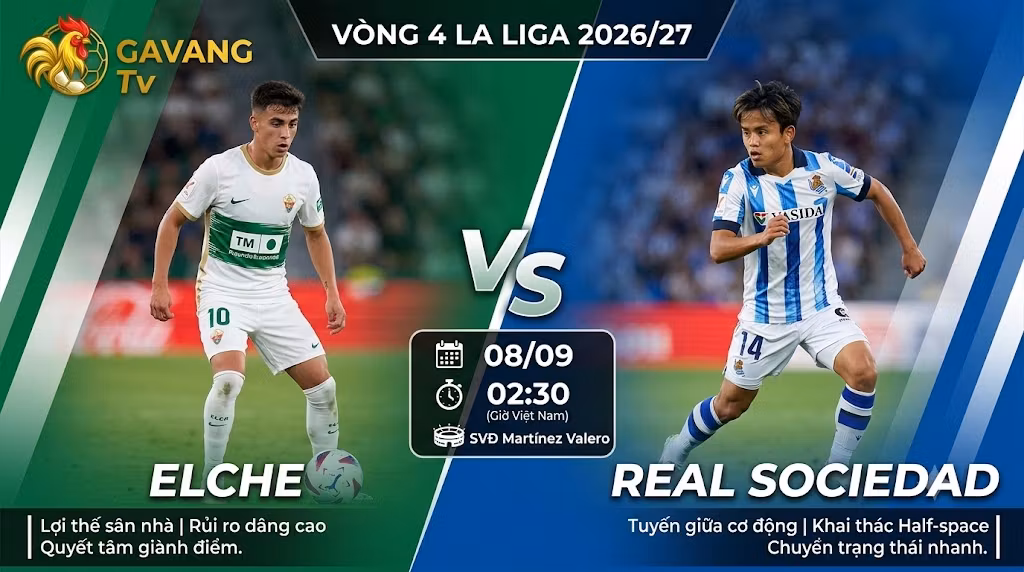Nhận định trận đấu Elche vs Real Sociedad vòng 4 La Liga 2026/27 - Gavang TV